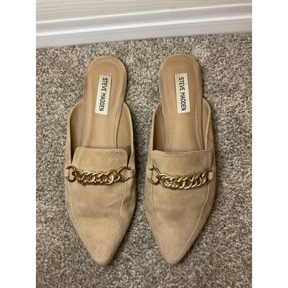 Steve Madden Faine Tan Suede Leather Pointed Chain Detail Slip On Flat Mule, 8 - Picture 4 of 7